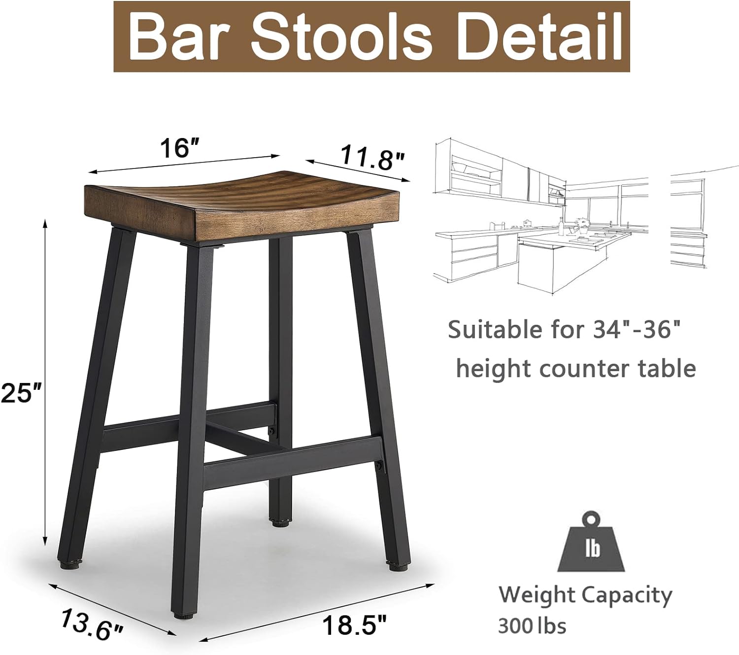 Rustic Industrial Wood Bar Stools （Set of 2）