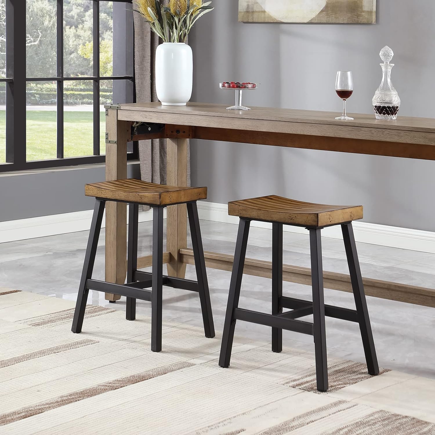 Rustic Industrial Wood Bar Stools （Set of 2）