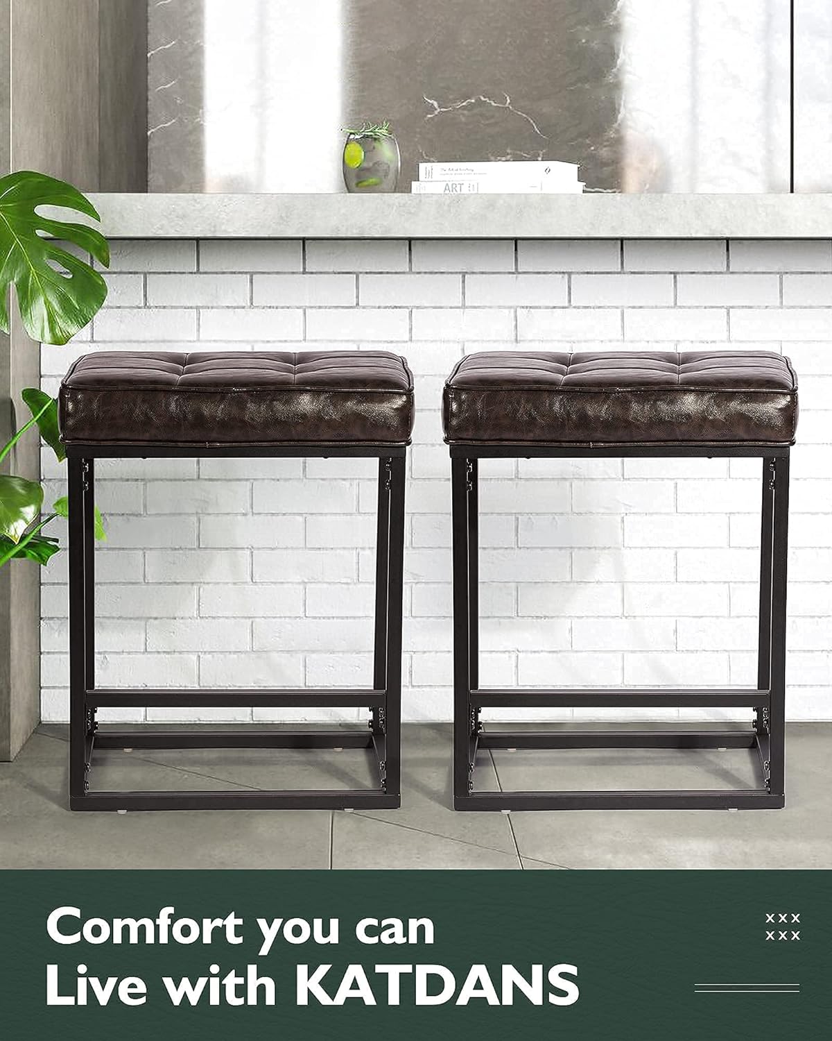 Vintage Leather Industrial Bar Stools （Set of 2）